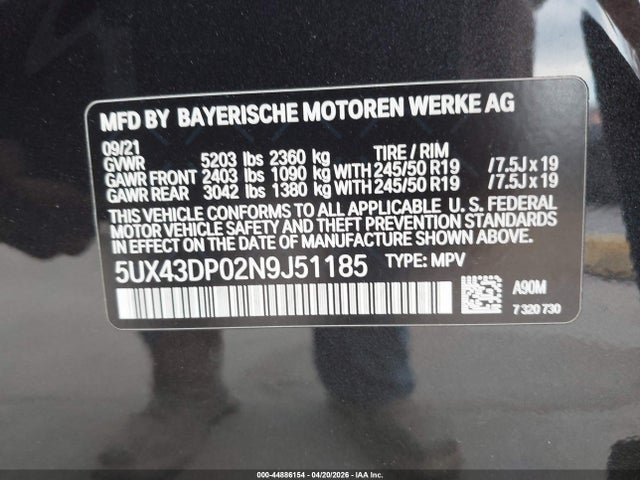Aukcja sprzedaży 2022 Bmw X3 Sdrive30i, vin: 5UX43DP02N9J51185, numer aukcji: 44886154