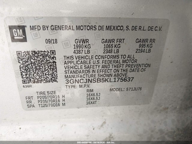 Aukcja sprzedaży 2019 Chevrolet Trax Ls, vin: 3GNCJNSB5KL175637, numer aukcji: 44886166