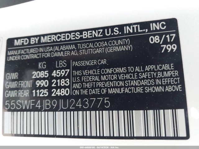Продаж на аукціоні авто 2018 Mercedes-benz C 300, vin: 55SWF4JB9JU243775, номер лоту: 44886168