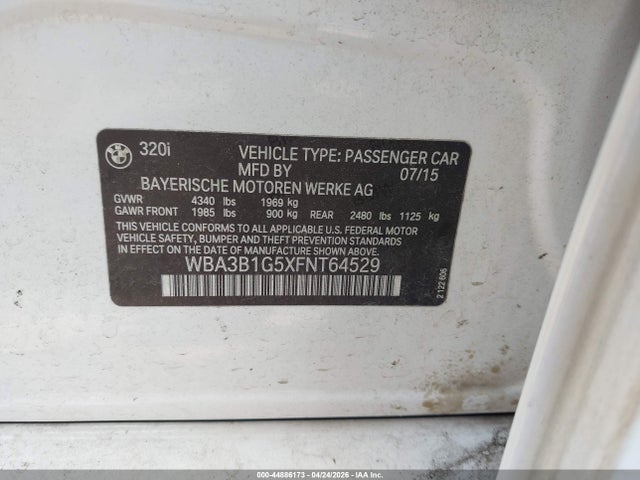 Aukcja sprzedaży 2015 Bmw 320i, vin: WBA3B1G5XFNT64529, numer aukcji: 44886173