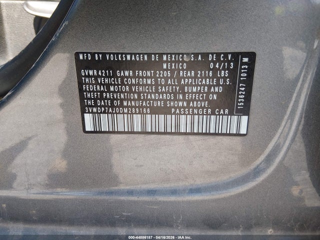 2013 Volkswagen Jetta 2.5l Se მანქანა იყიდება აუქციონზე, vin: 3VWDP7AJ0DM289166, აუქციონის ნომერი: 44886187