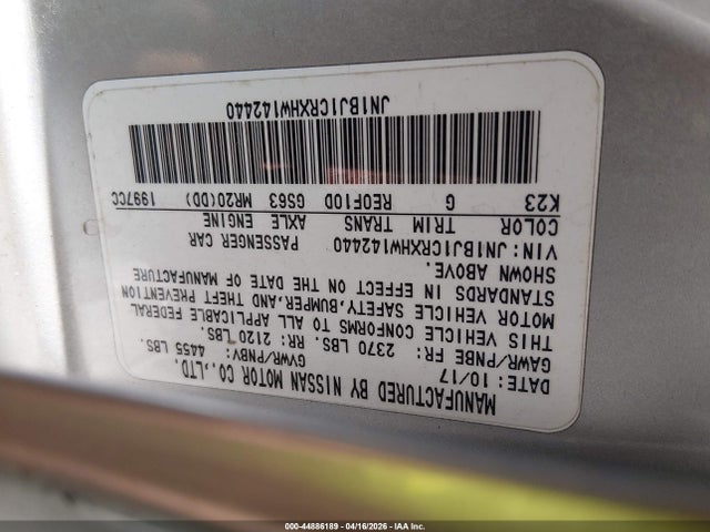 2017 Nissan Rogue Sport Sl მანქანა იყიდება აუქციონზე, vin: JN1BJ1CRXHW142440, აუქციონის ნომერი: 44886189