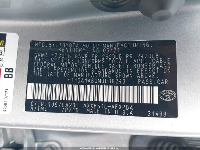 44886204 :رقم المزاد ، 4T1DA1AB0MU008243 vin ، 2021 Toyota Avalon Limited Hybrid مزاد بيع