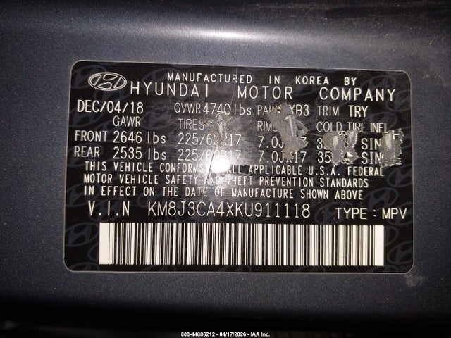 44886212 :رقم المزاد ، KM8J3CA4XKU911118 vin ، 2019 Hyundai Tucson Value مزاد بيع