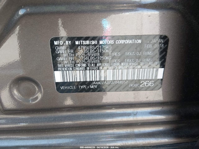 Aukcja sprzedaży 2018 Mitsubishi Outlander Es, vin: JA4AD2A37JZ048552, numer aukcji: 44886229
