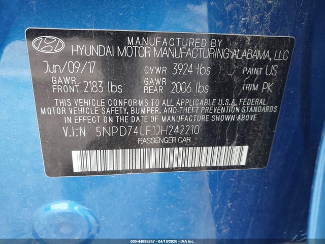 2018 Hyundai Elantra Se მანქანა იყიდება აუქციონზე, vin: 5NPD74LF1JH242210, აუქციონის ნომერი: 44886247