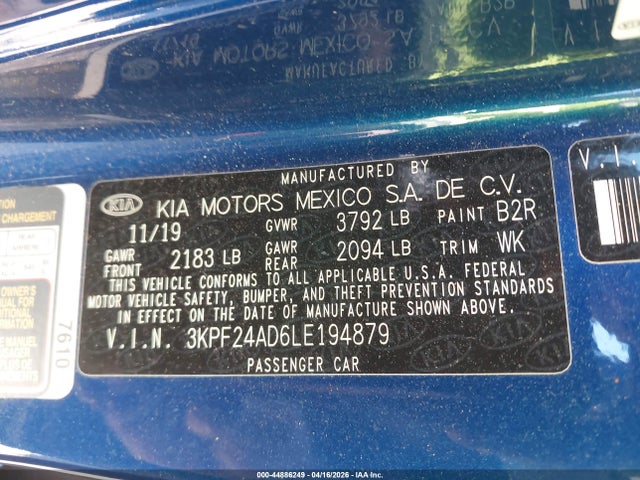 44886249 :رقم المزاد ، 3KPF24AD6LE194879 vin ، 2020 Kia Forte Lxs مزاد بيع
