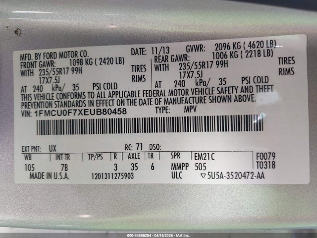 Продажа на аукционе авто 2014 Ford Escape S, vin: 1FMCU0F7XEUB80458, номер лота: 44886254