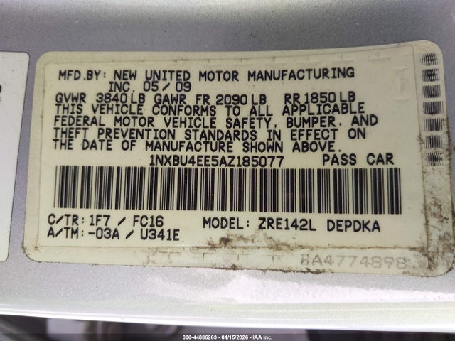 Aukcja sprzedaży 2010 Toyota Corolla Le, vin: 1NXBU4EE5AZ185077, numer aukcji: 44886263