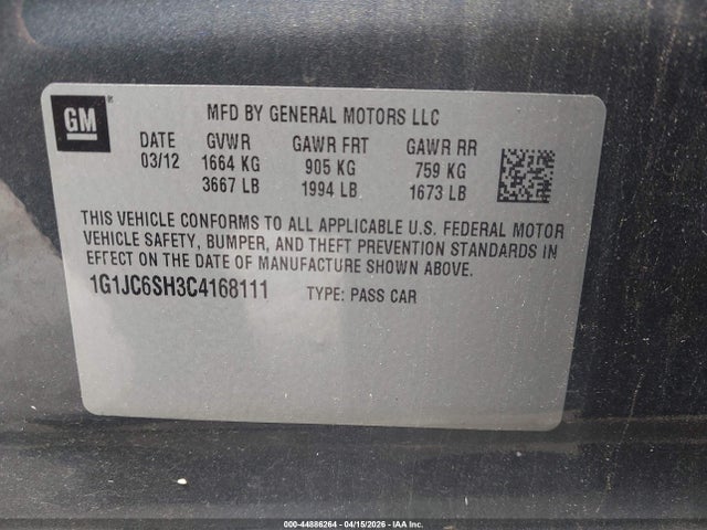 Aukcja sprzedaży 2012 Chevrolet Sonic 2lt, vin: 1G1JC6SH3C4168111, numer aukcji: 44886264