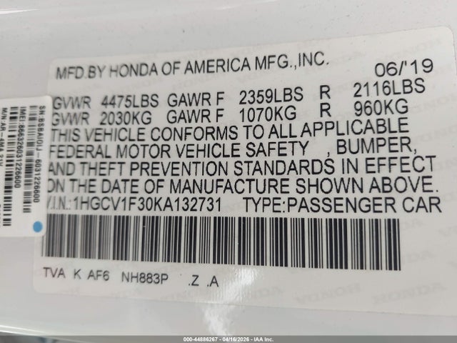1HGCV1F30KA132731 Honda Accord Sport