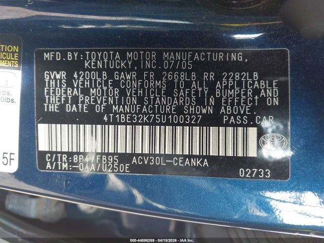 2005 TOYOTA CAMRY 4T1BE32K75U100327 Photo 8