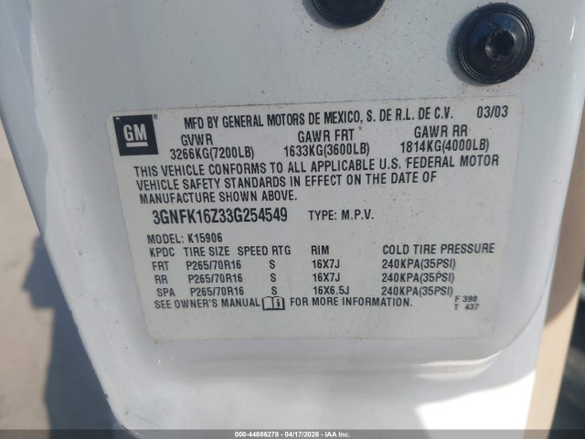 Aukcja sprzedaży 2003 Chevrolet Suburban 1500 Lt, vin: 3GNFK16Z33G254549, numer aukcji: 44886278