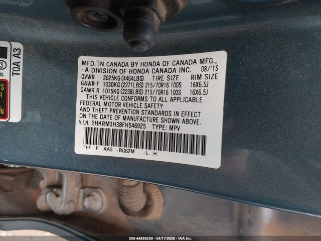 44886289 :رقم المزاد ، 2HKRM3H38FH546925 vin ، 2015 Honda Cr-v Lx مزاد بيع