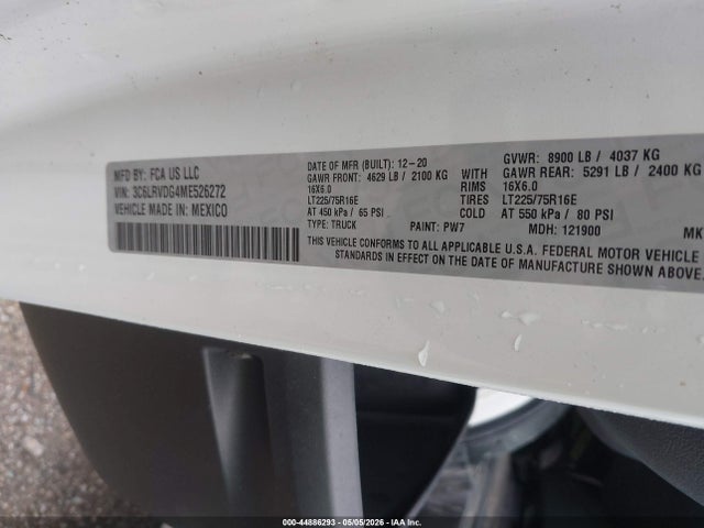 44886293 :رقم المزاد ، 3C6LRVDG4ME526272 vin ، 2021 Ram Promaster 2500 High Roof 159 Wb مزاد بيع