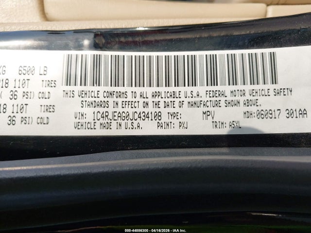 Продаж на аукціоні авто 2018 Jeep Grand Cherokee Laredo E 4x2, vin: 1C4RJEAG0JC434108, номер лоту: 44886300