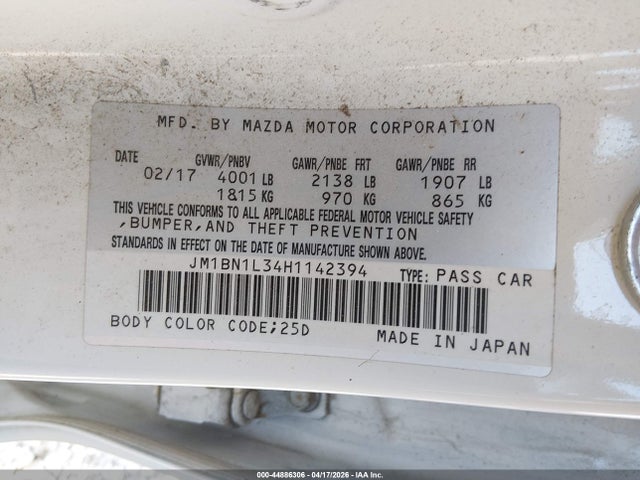 44886306 :رقم المزاد ، JM1BN1L34H1142394 vin ، 2017 Mazda Mazda3 Touring 2.5 مزاد بيع