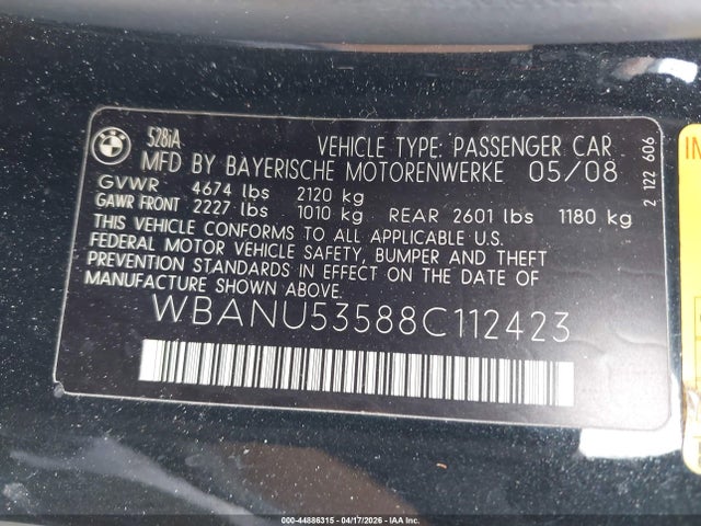 Продажа на аукционе авто 2008 Bmw 528i, vin: WBANU53588C112423, номер лота: 44886315