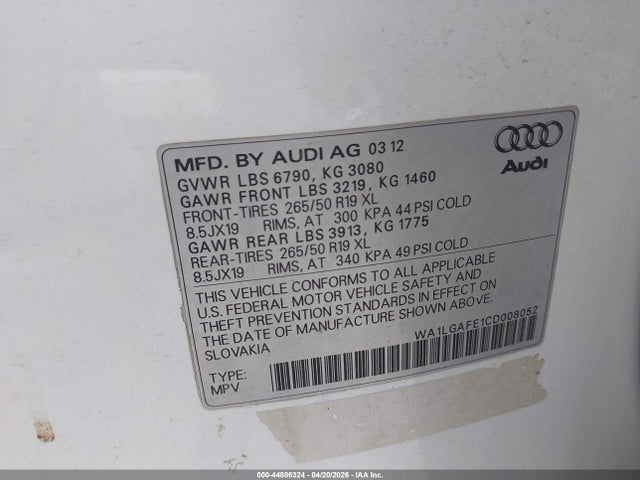 Продажа на аукционе авто 2012 Audi Q7 3.0t Premium, vin: WA1LGAFE1CD008052, номер лота: 44886324