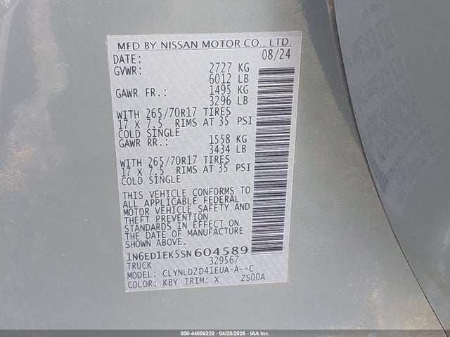Продажа на аукционе авто 2025 Nissan Frontier, vin: 1N6ED1EK5SN604589, номер лота: 44886328