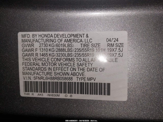 44886351 :رقم المزاد ، 5FNRL6H88RB058688 vin ، 2024 Honda Odyssey Touring مزاد بيع