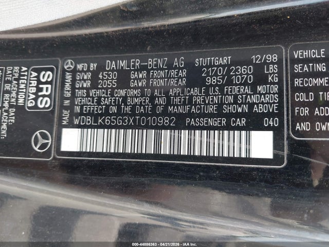 44886363 :رقم المزاد ، WDBLK65G3XT010982 vin ، 1999 Mercedes-benz Clk 320 مزاد بيع