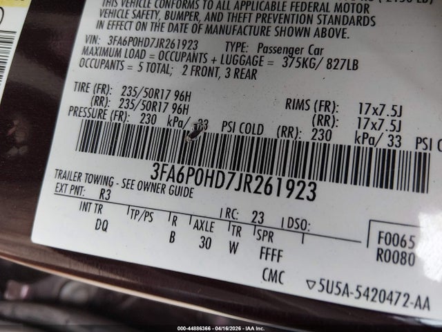 Ford FUSION SE 2018 3FA6P0HD7JR261923 Image 9