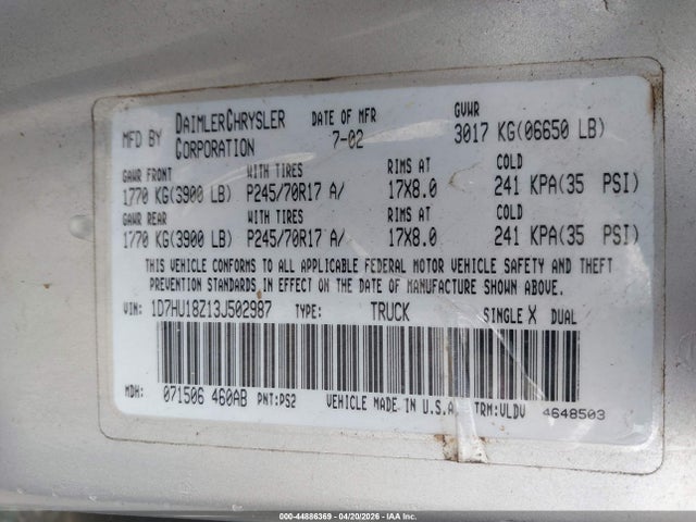 Продаж на аукціоні авто 2003 Dodge Ram 1500 Slt/laramie/st, vin: 1D7HU18Z13J502987, номер лоту: 44886369