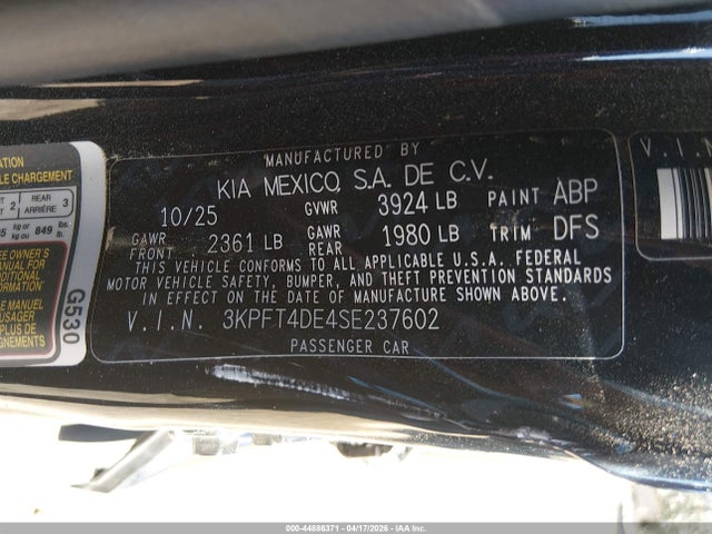 Продажа на аукционе авто 2025 Kia K4 Lx, vin: 3KPFT4DE4SE237602, номер лота: 44886371