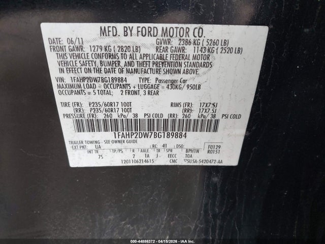 2011 FORD TAURUS 1FAHP2DW7BG189884 Photo 8