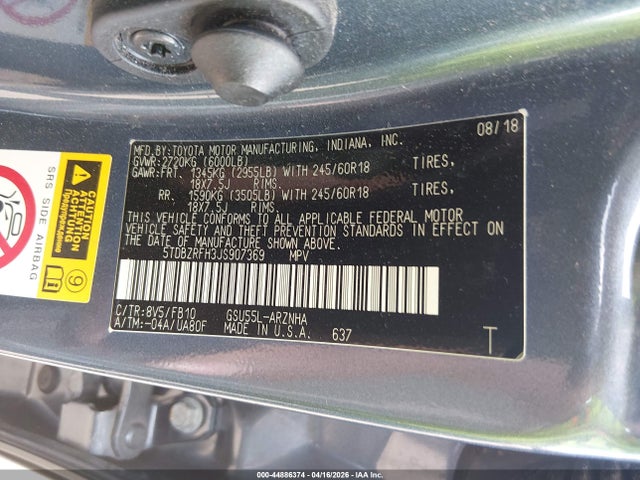 44886374 :رقم المزاد ، 5TDBZRFH3JS907369 vin ، 2018 Toyota Highlander Le مزاد بيع