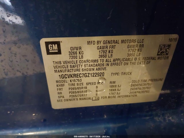 Продажа на аукционе авто 2016 Chevrolet Silverado 1500 1lt, vin: 1GCVKREC7GZ122920, номер лота: 44886375