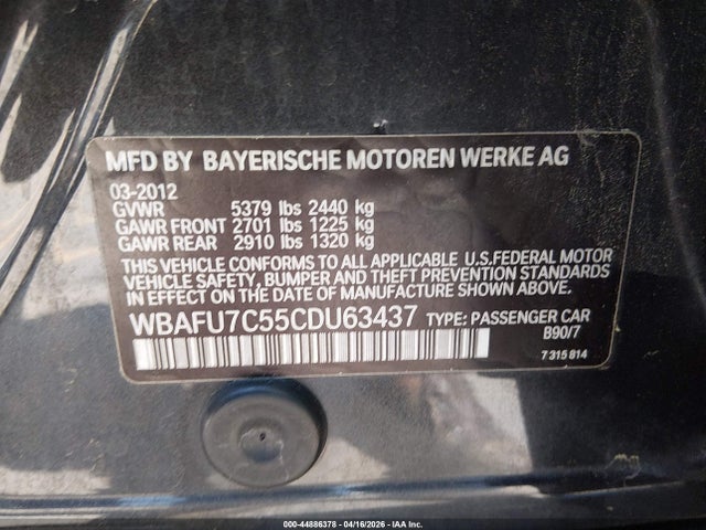 Aukcja sprzedaży 2012 Bmw 535i Xdrive, vin: WBAFU7C55CDU63437, numer aukcji: 44886378
