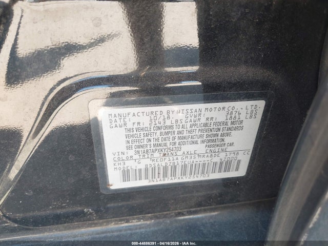 Aukcja sprzedaży 2019 Nissan Sentra Sv, vin: 3N1AB7APXKY254703, numer aukcji: 44886391