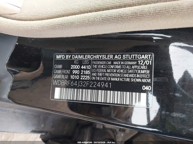 2002 Mercedes-benz C 320 მანქანა იყიდება აუქციონზე, vin: WDBRF64J32F224941, აუქციონის ნომერი: 44886396