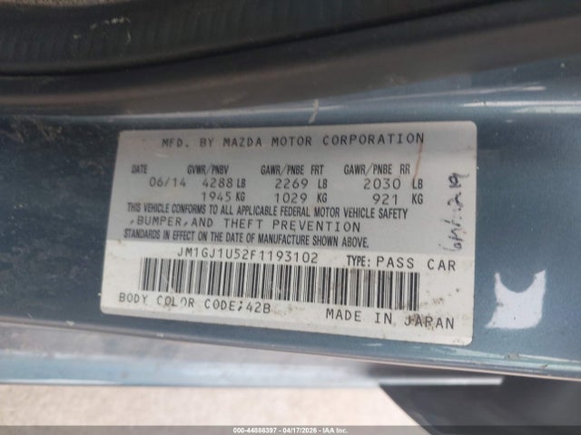 Aukcja sprzedaży 2015 Mazda Mazda6 I Sport, vin: JM1GJ1U52F1193102, numer aukcji: 44886397