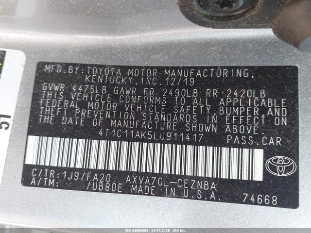 Aukcja sprzedaży 2020 Toyota Camry Le, vin: 4T1C11AK5LU911417, numer aukcji: 44886403