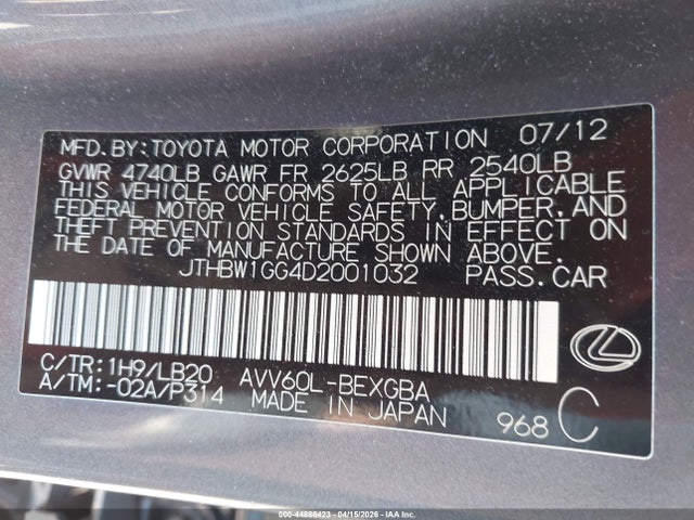 44886423 :رقم المزاد ، JTHBW1GG4D2001032 vin ، 2013 Lexus Es 300h مزاد بيع