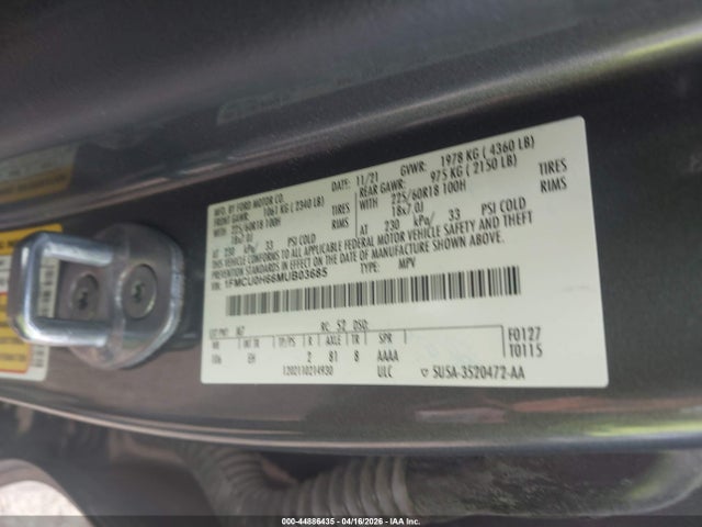 Aukcja sprzedaży 2021 Ford Escape Sel, vin: 1FMCU0H66MUB03685, numer aukcji: 44886435