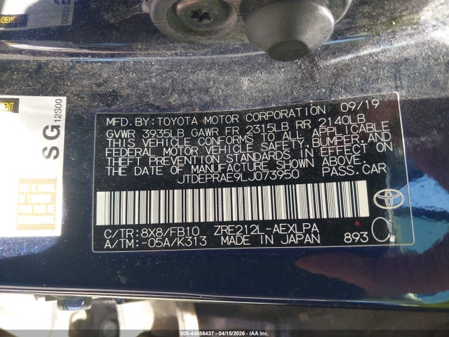 JTDEPRAE9LJ073950 Toyota COROLLA LE