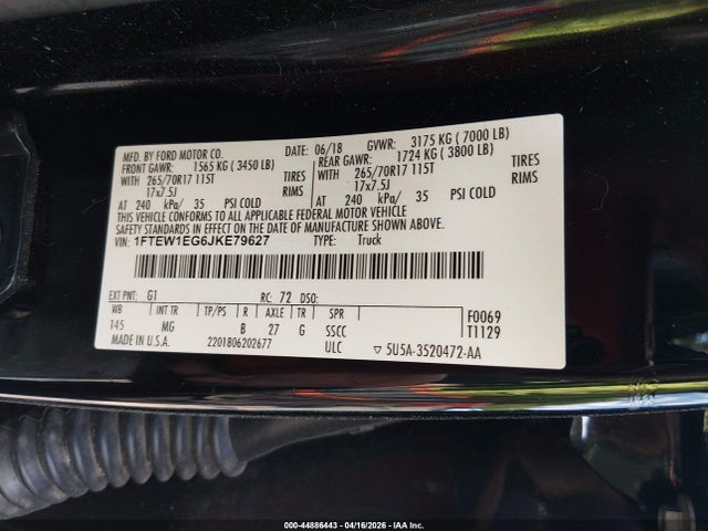 Продажа на аукционе авто 2018 Ford F-150 Xlt, vin: 1FTEW1EG6JKE79627, номер лота: 44886443