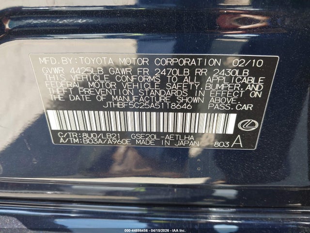 Aukcja sprzedaży 2010 Lexus Is 250, vin: JTHBF5C25A5118646, numer aukcji: 44886456