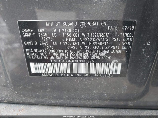 2019 Subaru Outback 2.5i მანქანა იყიდება აუქციონზე, vin: 4S4BSABCXK3305891, აუქციონის ნომერი: 44886474