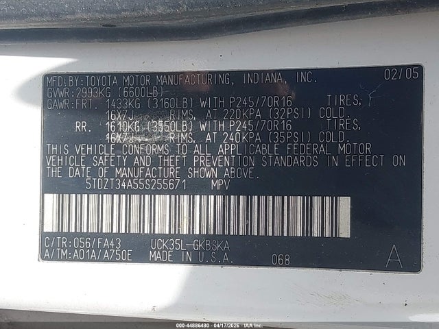 44886480 :رقم المزاد ، 5TDZT34A55S255671 vin ، 2005 Toyota Sequoia Sr5 V8 مزاد بيع