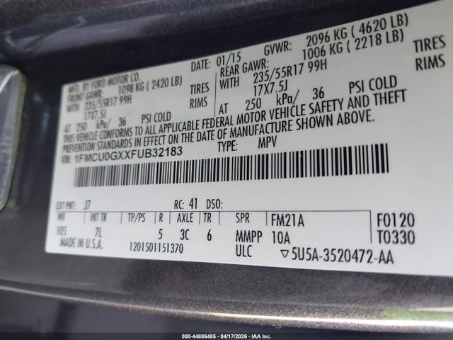 Продажа на аукционе авто 2015 Ford Escape Se, vin: 1FMCU0GXXFUB32183, номер лота: 44886485
