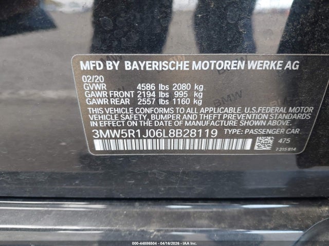 Aukcja sprzedaży 2020 Bmw 330i, vin: 3MW5R1J06L8B28119, numer aukcji: 44886504