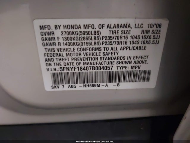 2007 HONDA PILOT 5FNYF18407B004057 Photo 8