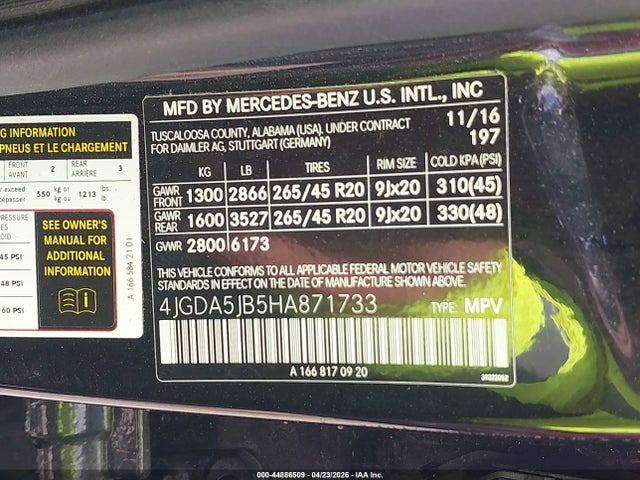 44886509 :رقم المزاد ، 4JGDA5JB5HA871733 vin ، 2017 Mercedes-benz Gle 350 مزاد بيع