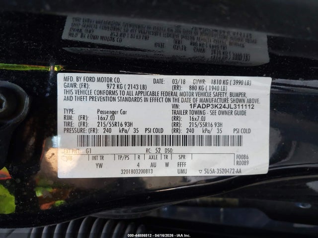 Aukcja sprzedaży 2018 Ford Focus Se, vin: 1FADP3K24JL311112, numer aukcji: 44886512
