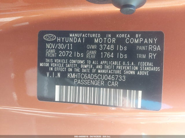 Aukcja sprzedaży 2012 Hyundai Veloster Base W/black, vin: KMHTC6AD5CU046733, numer aukcji: 44886516